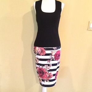 DICE STRIPED & FLORAL PENCIL SKIRT